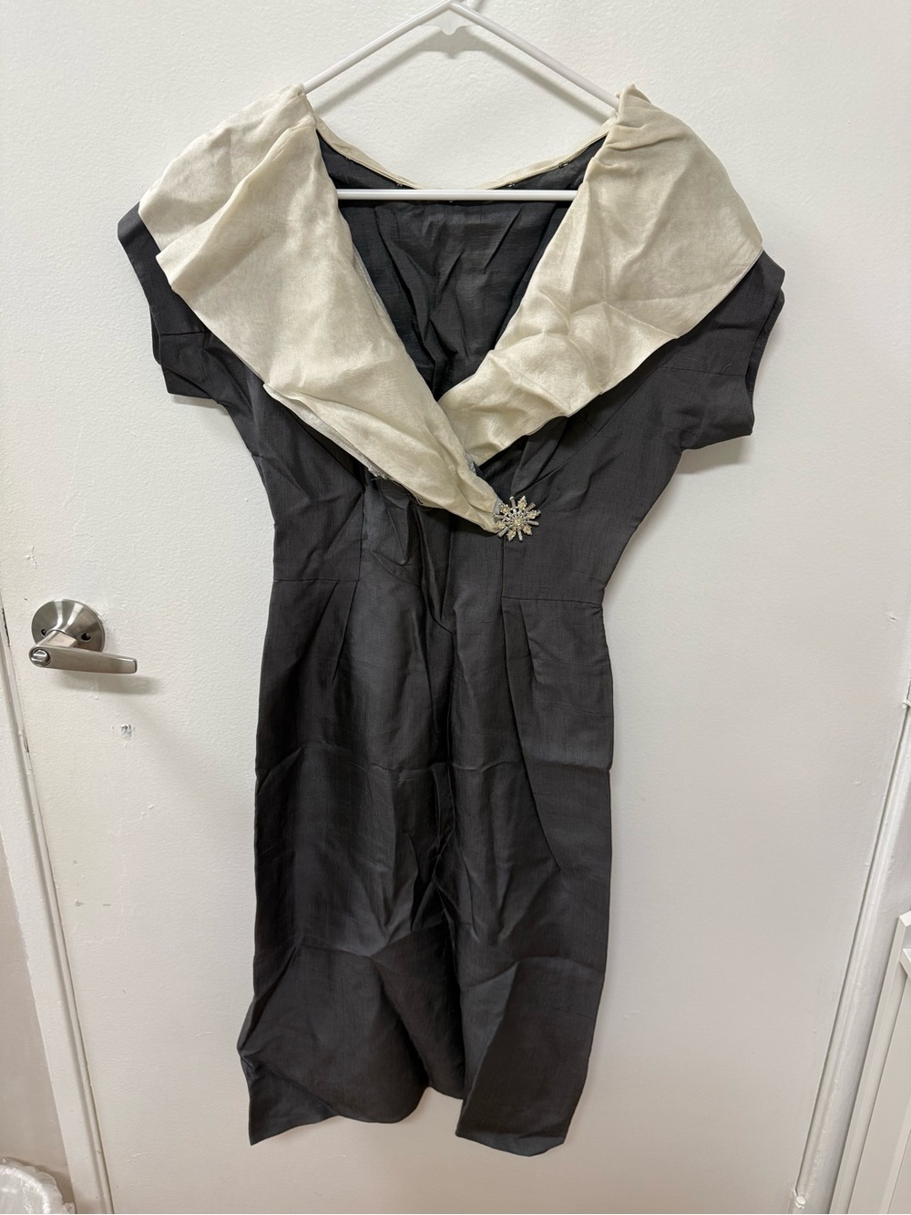 Vintage Black Midi Dress with Cream Shawl Collar
